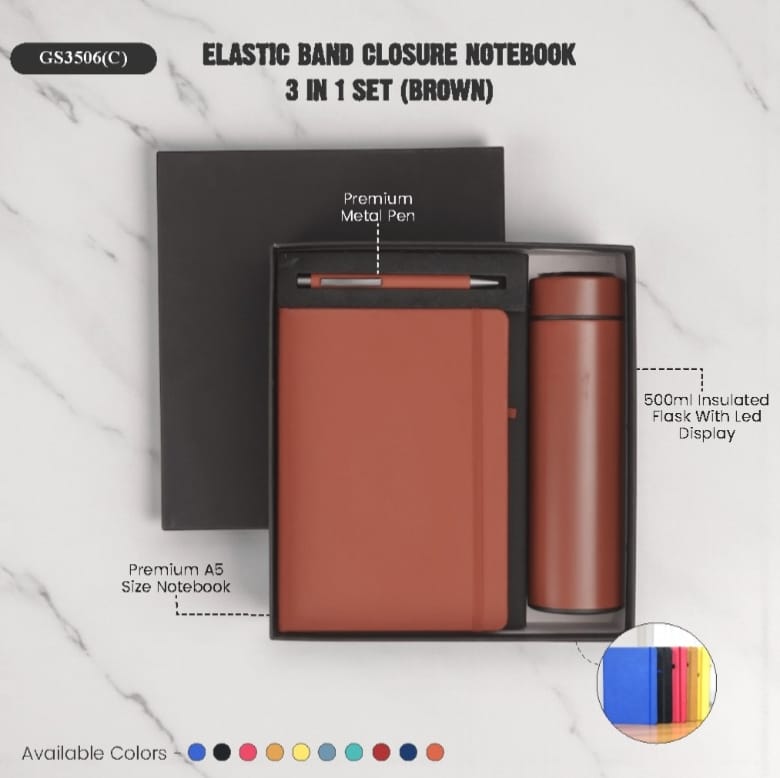 Elastic Band Closure Notebook 3-in-1 Set (Brown)