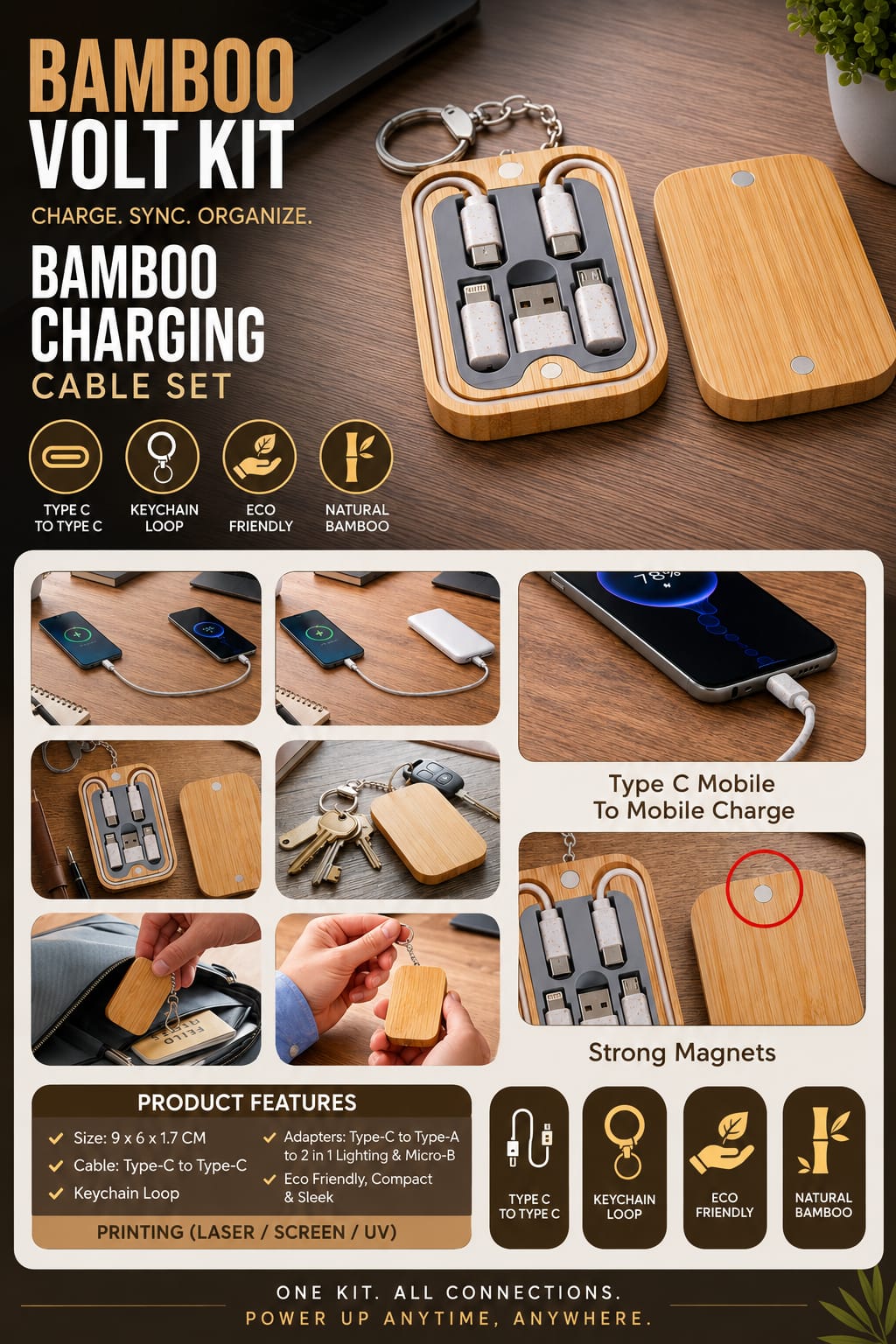 Bamboo Charging Cable With Keychain