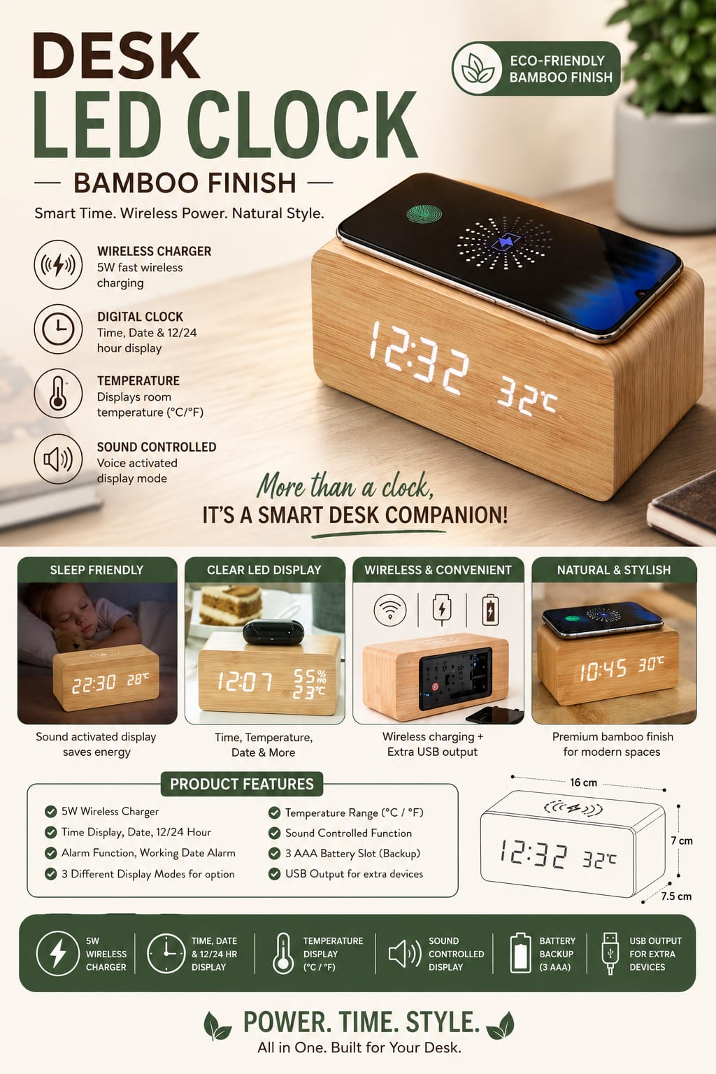 Desk Led bamboo Clock