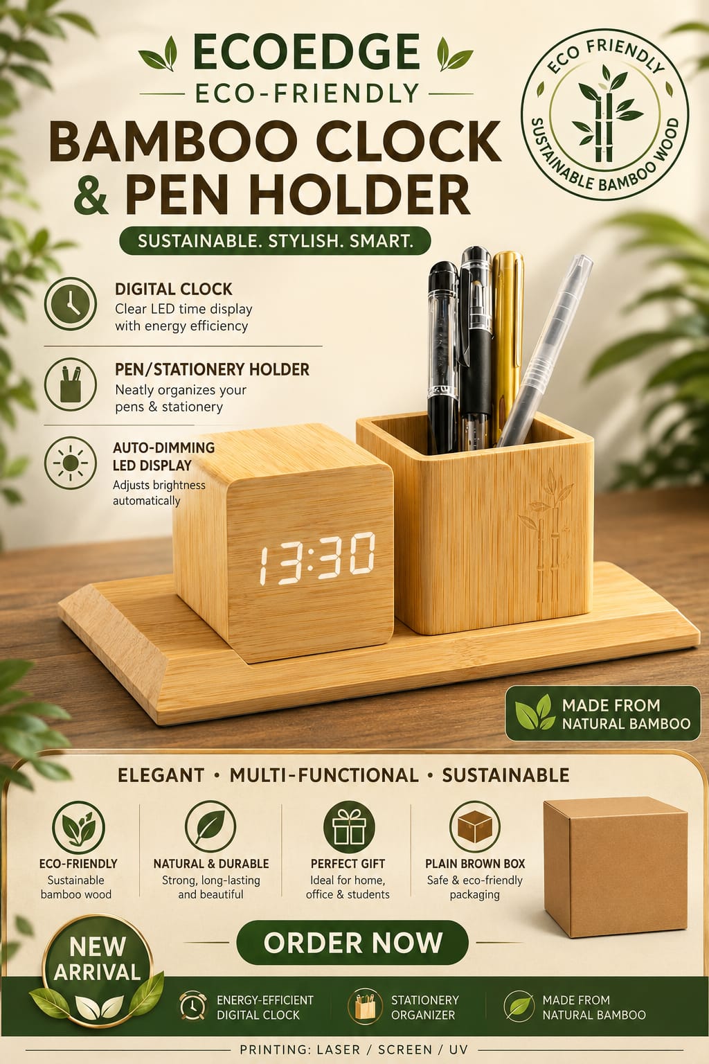 Bamboo Clock With Pen Holder