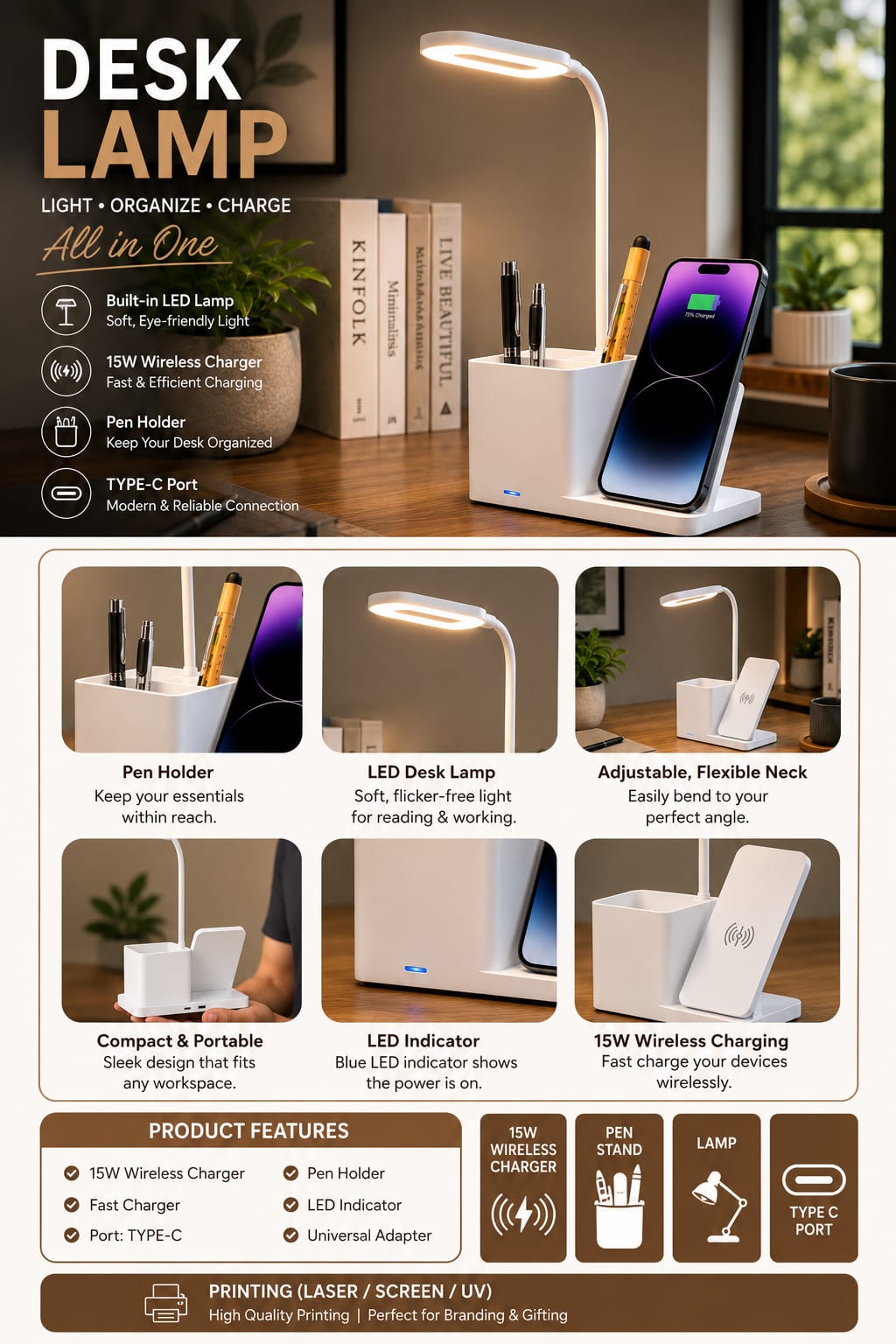 Desk Lamp With 15W wireless Charger