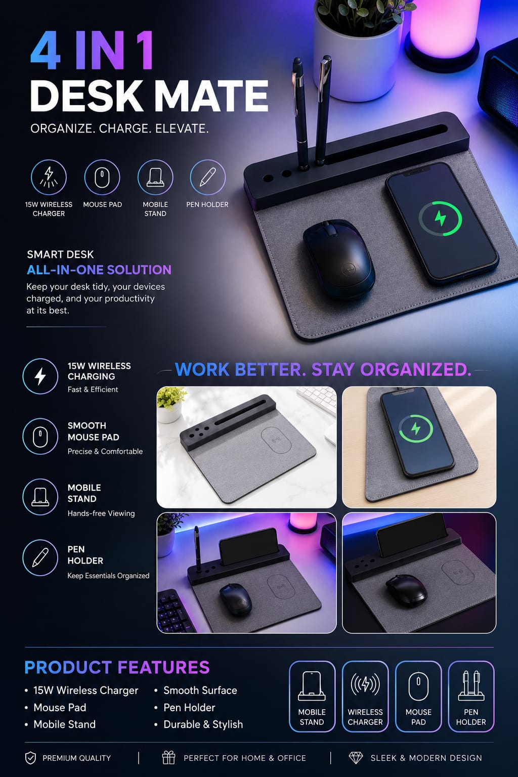 4 in 1 Desk Matte With Wireless Charger