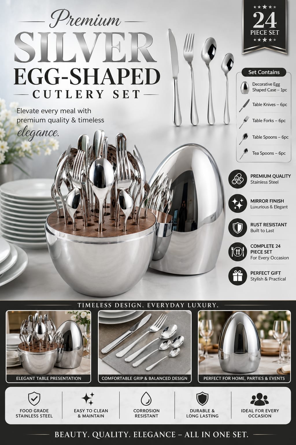 Premium Silver Egg Shaped Cutlery Set